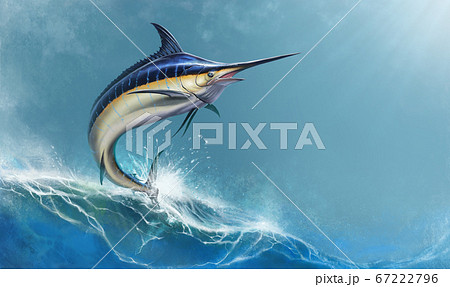 Big black marlin jumps sea waves backgroundのイラスト素材