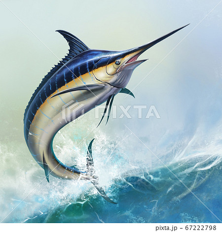 Big Black Marlin Jumps Sea Waves Background Stock Illustration