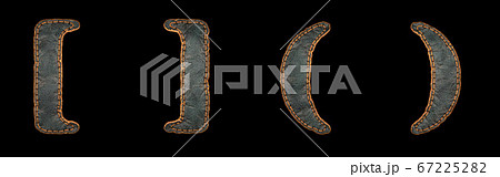 Set of symbols left, right bracket and left, right perentheses made of leather. 3D render font with skin texture isolated on black background. Set of symbols left, right bracket and left, right perentheses made of leather. 3D render font with skin texture isolated on black background. 67225282