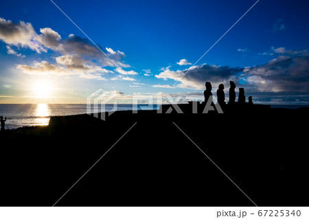Ahu Tahai moai platform high contrast at sunset 67225340