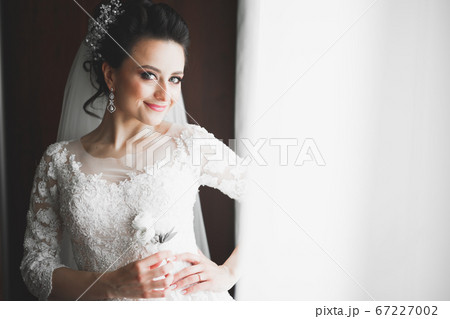Portrait of beautiful bride with fashion veil at wedding morning 67227002