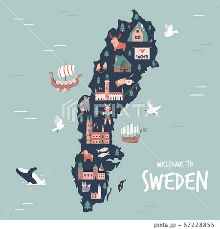 Illustrated map of Sweden with symbols, icons, 67228855