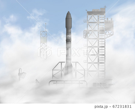 Space rocket day start iin the sun beams inside the clouds of smoke from the spaceship launching 67231831