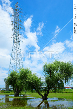 梅雨の谷間の荒川の川原のの水たまりと水面に映える景観 67232173