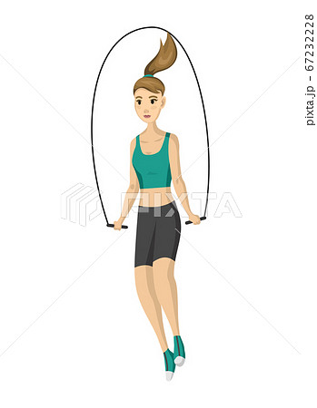 Woman fitness. Vector girl doing sport physical exercise. Workout aerobic fitness with skipping rope. Active and healthy life concept 67232228