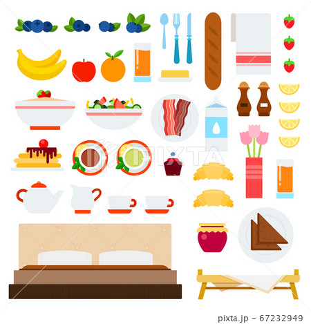 Breakfast in bed vector flat illustration with attributes and meals for breakfast isolated on a white background. 67232949