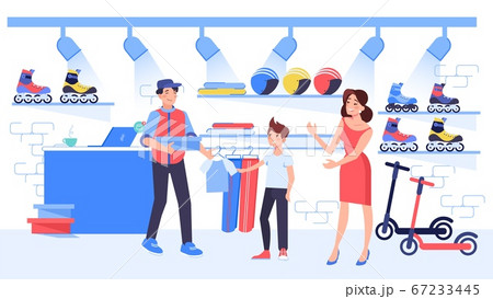 Mother buy sportswear for child son at sport shop Mother buy sportswear for child son at sport shop 67233445