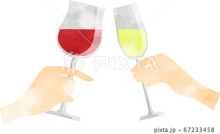赤ワインと白ワインで乾杯している手 透明感のある水彩風のイラストのイラスト素材