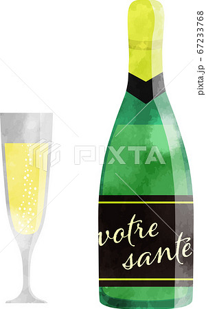 シャンパングラスとシャンパンボトル 透明感のある水彩風のイラストのイラスト素材