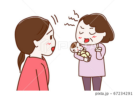昔の育児のやり方を押し付ける義母と素直に聞く嫁 67234291