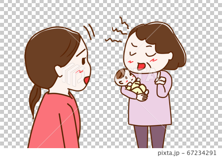 昔の育児のやり方を押し付ける義母と素直に聞く嫁 67234291