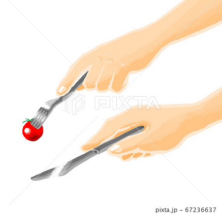 トマトを刺したフォークとナイフを持つ手のイラスト素材