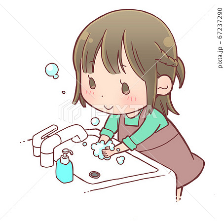 ハンドソープで手を洗う女の子のイラスト素材