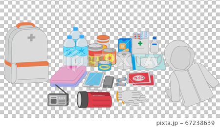 Illustration of the contents of the evacuation backpack flood damage 67238639