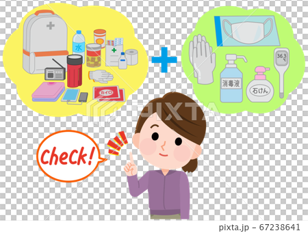避難リュックの中身をチェックする女性　ウイルス対策　イラスト 67238641