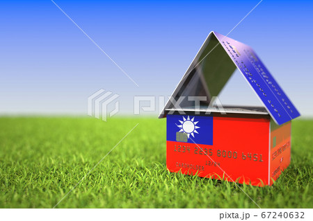 National flag of Taiwan on credit card house in the grass. Home loans related 3D rendering 67240632