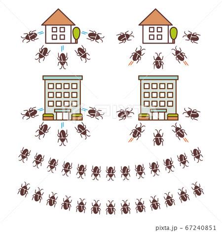 ゴキブリに狙われた家と退散した家のイラストレーションのセット 67240851