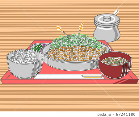 トレーにのったとんかつの定食味噌汁と漬物セットの迷路 67241180