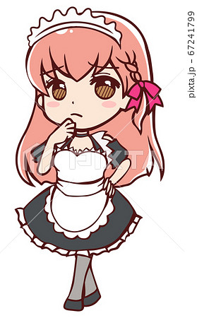 困って不満そうなアニメ風のメイドさん 67241799