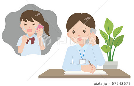 電話で悩みを打ちあける女子学生 67242672