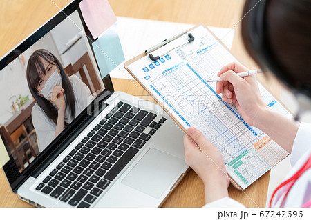 オンライン診療をする若い女性医師と患者の画面 オンライン診療をする若い女性医師と患者の画面 67242696
