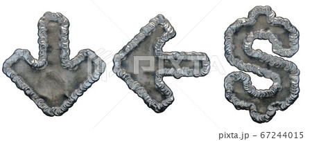Set of symbols arrow to down, left arrow, dollar made of industrial metal on white background 3d 67244015