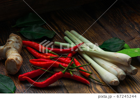 Chili peppers with galangal root, leaf of kaffir 67245244