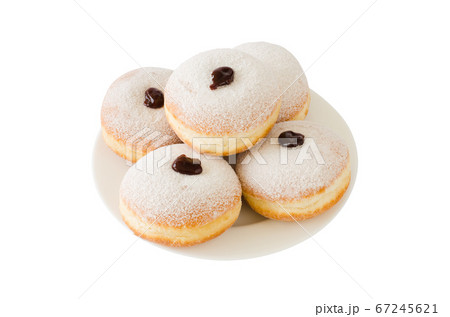 Traditional sweet donuts with powdered sugar and jam. Fat Thursday or Hanukkah celebration. Traditional sweet donuts with powdered sugar and jam. Fat Thursday or Hanukkah celebration. 67245621