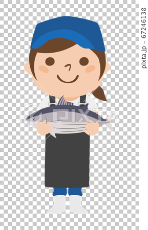 笑顔でカツオを持っている女性の魚屋さんのイラスト のイラスト素材