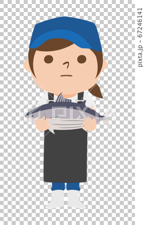 カツオを持っている女性の魚屋さんのイラスト。 カツオを持っている女性の魚屋さんのイラスト。 67246141