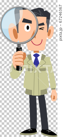 A man in work clothes looking through a magnifying glass 67246367