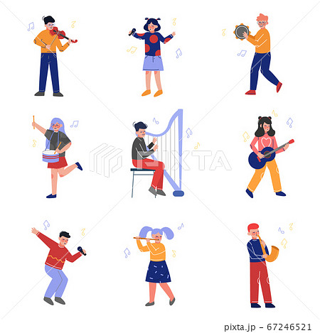 Teen Boys and Girls Playing Different Musical Instruments and Singing, Talented Musicians Characters Playing Guitar, Violin, Drum, Flute, Saxophone, Harp, Guitar, Tambourine Vector Illustration 67246521
