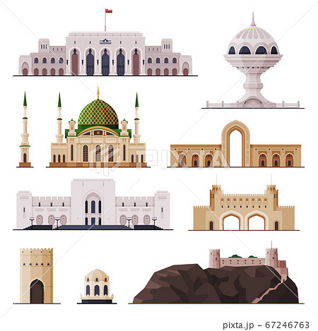 Travel to Oman, Muscat City Historical Building Collection, Famous Landmarks Flat Vector Illustration 67246763