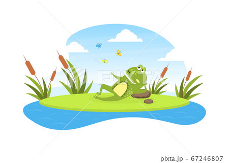 Green Funny Frog Lying on Leaf in Pond, Cute Amphibian Creature Character Posing on Lily Pad Cartoon Vector Illustration Green Funny Frog Lying on Leaf in Pond, Cute Amphibian Creature Character Posing on Lily Pad Cartoon Vector Illustration 67246807
