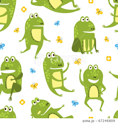 Green Funny Frog Seamless Pattern, Cute Amphibian Creature Character, Textile, Wallpaper, Packaging, Background Design Vector Illustration 67246809