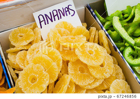 Sweet candied pineapple rings. Dried fruits on...の写真素材 [67246856] - PIXTA