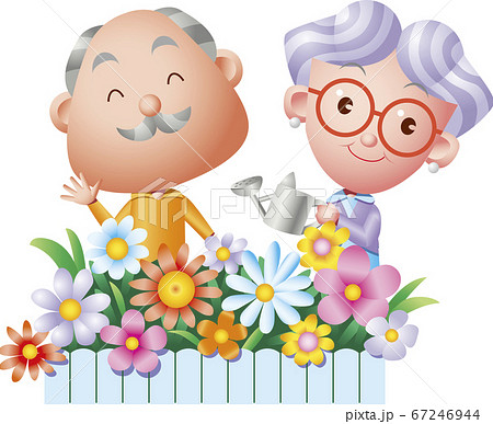 花壇に水やりをするお婆さん横で手を振っているお爺さんのイラスト素材