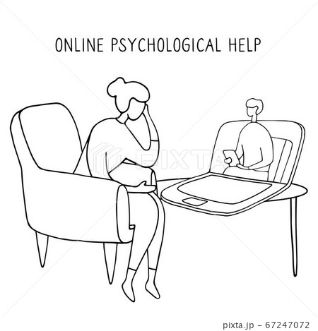 Girl sitting in chair in front of computer and talking to psychologist online. Remote psychological help, psychiatrist consulting patient. Mental health care and treatment. Vector illustration Girl sitting in chair in front of computer and talking to psychologist online. Remote psychological help, psychiatrist consulting patient. Mental health care and treatment. Vector illustration 67247072