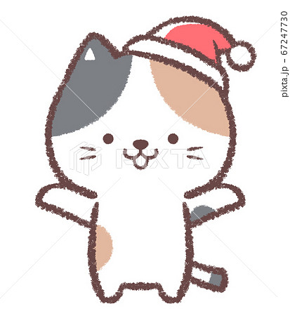 クリスマス帽子をかぶる三毛ネコのイラスト素材