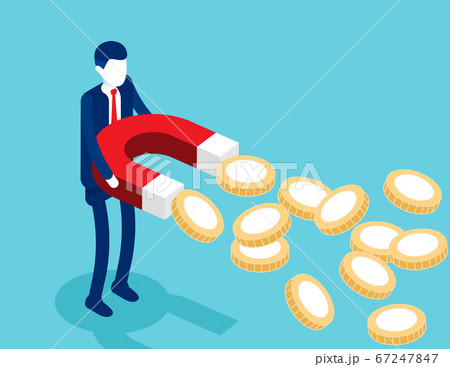 Businessman holding magnets to attract gold coins. 67247847