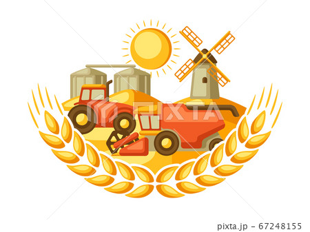 Harvesting background. Combine harvester, tractor and granary on wheat field. 67248155