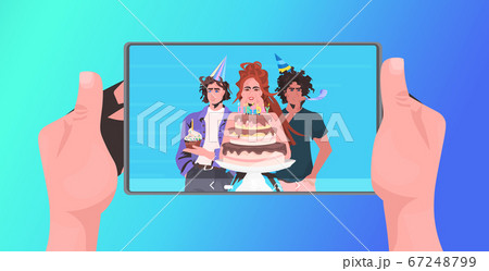 hands using tablet pc mix race friends celebrating online party having virtual fun celebration concept 67248799