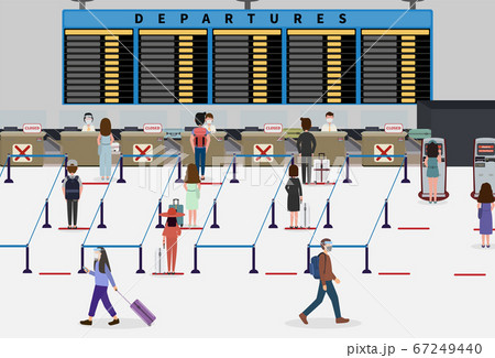 Passengers standing in queue while waiting for check-in at counter and self check in before flight. Passengers standing in queue while waiting for check-in at counter and self check in before flight. 67249440