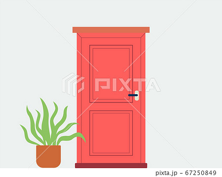 House front with red door and plant in pot flat cartoon vector illustration. House front with red door and plant in pot flat cartoon vector illustration. 67250849