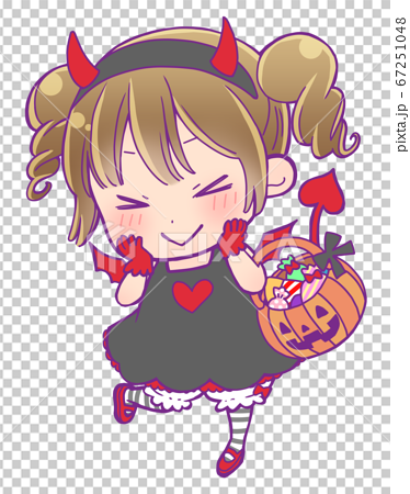かぼちゃ型のかごにお菓子を詰めているハロウィン仮装の女の子 小悪魔のイラスト素材