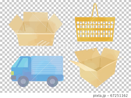 Illustration set related to transportation and distribution: Cardboard, truck, shopping cart 67251162