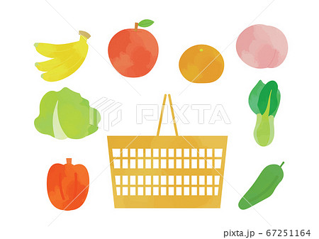 スーパーの果物 野菜と買い物カゴのイラストのイラスト素材