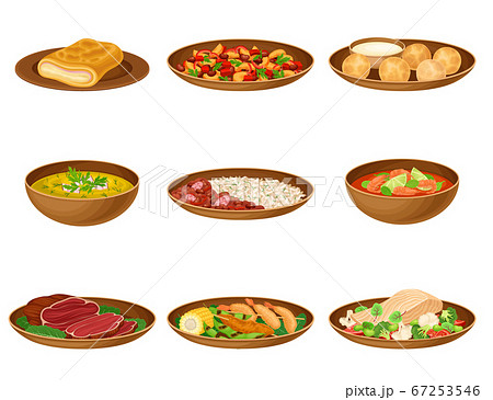 Brazilian Cuisine Dishes with Stewed Beans and Fruit Salad Vector Set 67253546