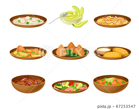 Brazilian Cuisine Dishes with Stewed Beans and Fruit Salad Vector Set 67253547