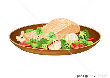 Fish Slab with Fresh Vegetables as Brazilian Cuisine Dish Vector Illustration 67253778